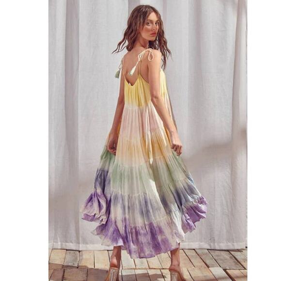 STORIA Maxi Dress Rainbow Tie Dye Spaghetti Straps Tassel Tie Lined Large NWOT - Picture 2 of 9